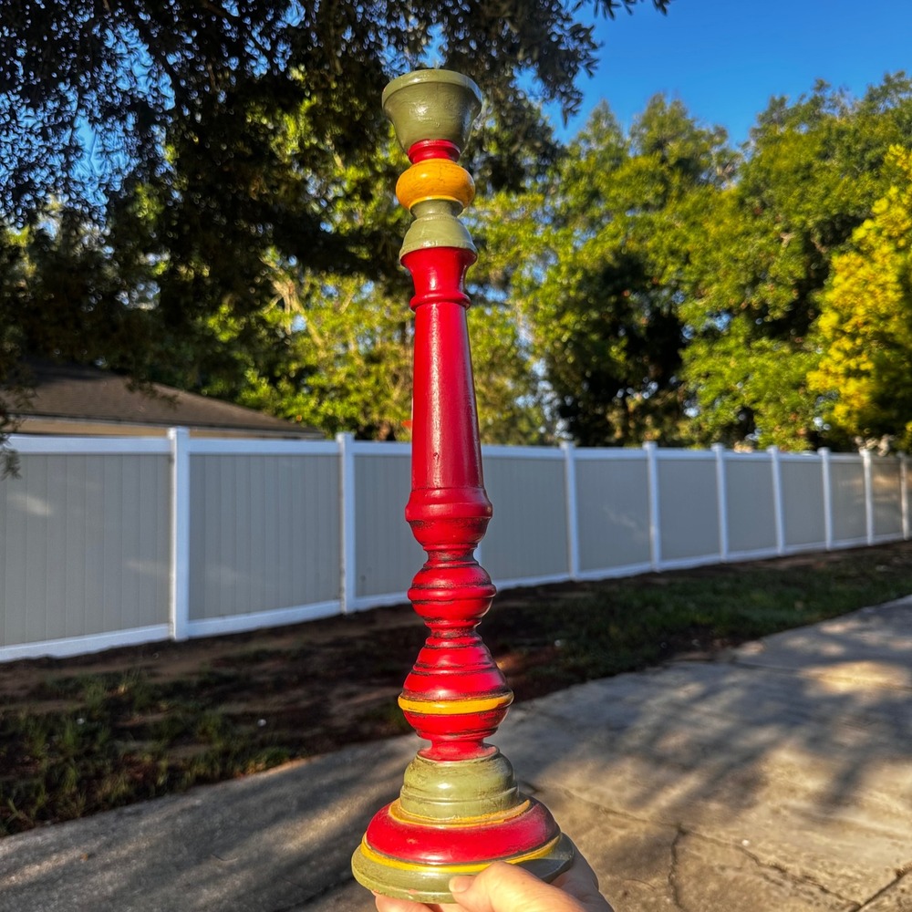 Pier 1 Imports 17.5" Hand Painted Wooden Candlestick Holder Red Green Yellow Ind